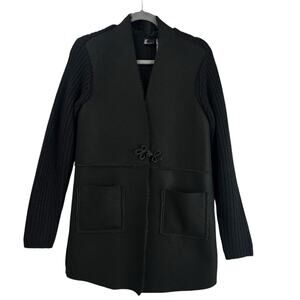 Love Token Long Sweater Jacket Size S Black Cable Knit Fuzzy Velvet Hook & Eye